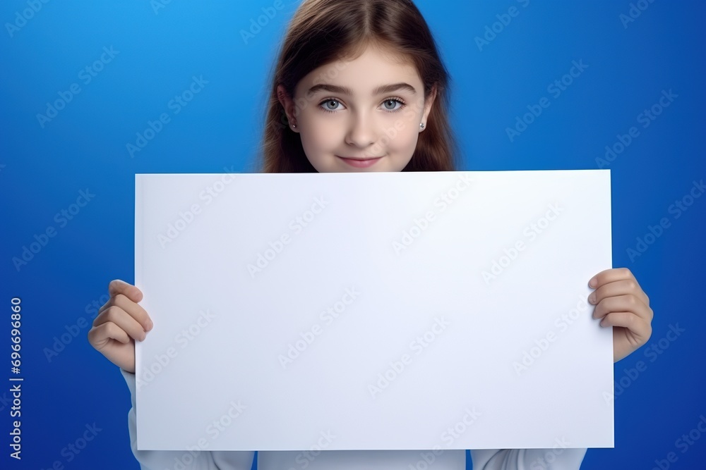 Cute little girl holding blank white sheet of paper in her hands Cute little girl holding blank white sheet of paper in her hands