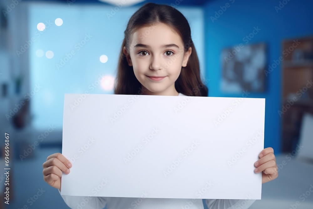 Cute little girl holding blank white sheet of paper in her hands Cute little girl holding blank white sheet of paper in her hands