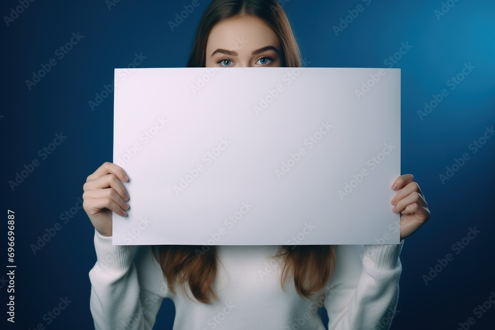 Naklejka premium Cute little girl holding blank white sheet of paper in her hands