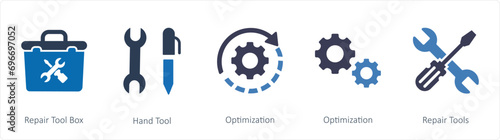 A set of 5 mix icons as repair tool box, hand tool, optimization