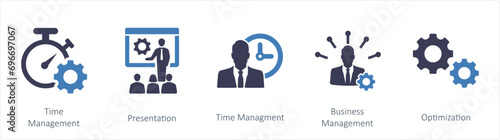 A set of 5 mix icons as time management, presentation, business management