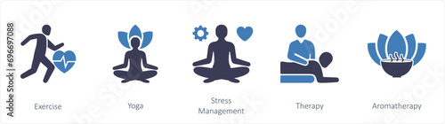 A set of 5 mix icons as exercise, yoga, stress management