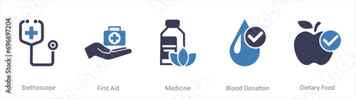 A set of 5 mix icons as stethoscope, first aid, medicine