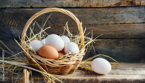 homemade chicken eggs in a basket with straw on a rustic background, the concept of farm products