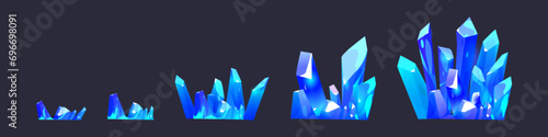 Clusters of blue shining gemstone crystals for game level rank ui design. Cartoon rpg assets of growing pile of bright diamond raw material rocks. Vector illustration of mining treasure and jewel.