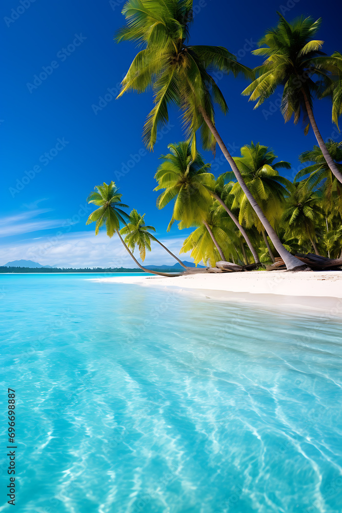 Obraz premium A sandy beach with crystal-clear turquoise waters and palm trees (AI Generated)
