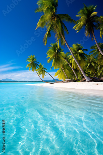 A sandy beach with crystal-clear turquoise waters and palm trees  AI Generated 