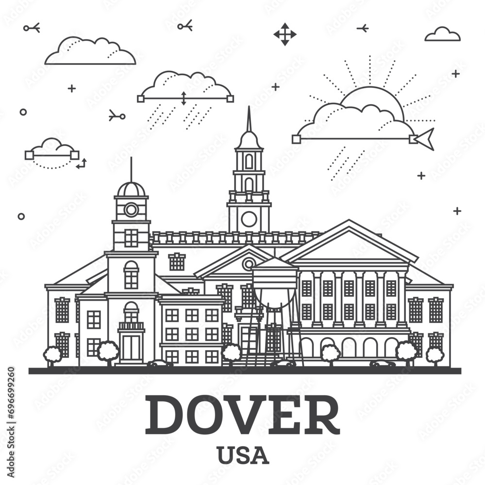 Outline Dover Delaware City Skyline with Modern and Historic Buildings Isolated on White. Dover USA Cityscape with Landmarks.