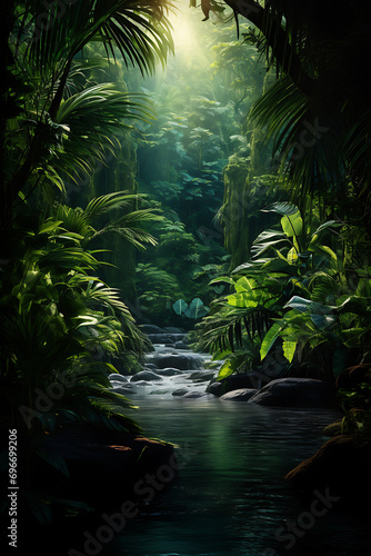 A tropical rainforest with exotic plants and wildlife  AI Generated 