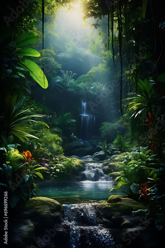 A tropical rainforest with exotic plants and wildlife (AI Generated) © LuxeMedia