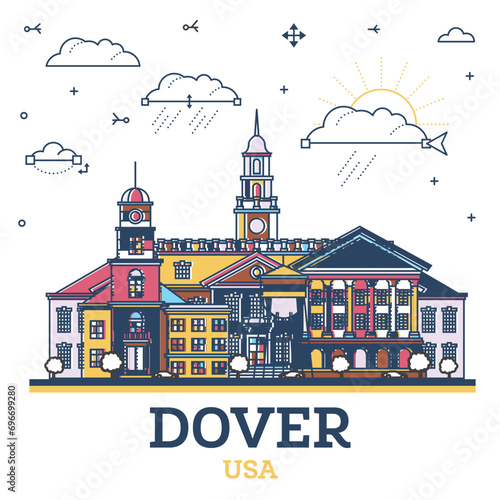 Outline Dover Delaware City Skyline with colored Modern and Historic Buildings Isolated on White. Dover USA Cityscape with Landmarks.
