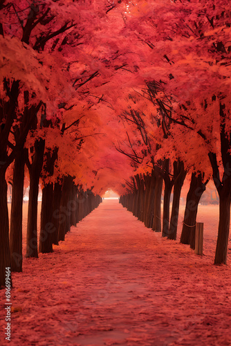A maple tree-lined path with leaves in shades of red and gold  AI Generated 