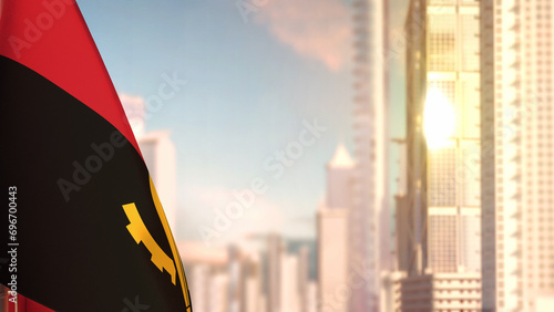flag of Angola on city skyscrapers buildings vanilla sunrise bg for independence day - abstract 3D rendering