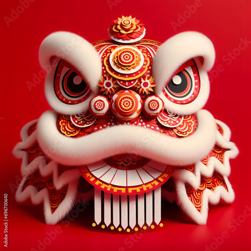Art of chinese lion dance head portrait on a red background
