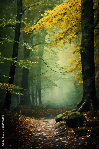 A forest with both green and golden leaves during early autumn, transitional seasons