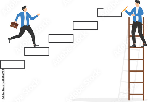Personal development concept. Businessmen climb success ladder vector illustration.