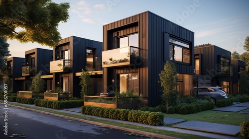 Contemporary modular black townhouses with a private design. Exterior showcasing modern residential architecture © David