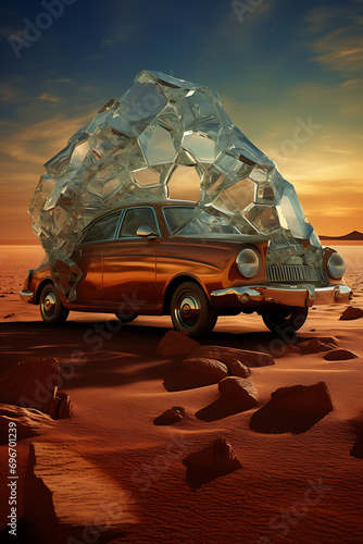 crystal car in the desert, realistic photo, wallpapper