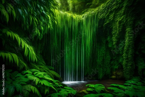 Verdant Veil: A waterfall hidden behind a curtain of vibrant green foliage, adding an element of mystery to the scene