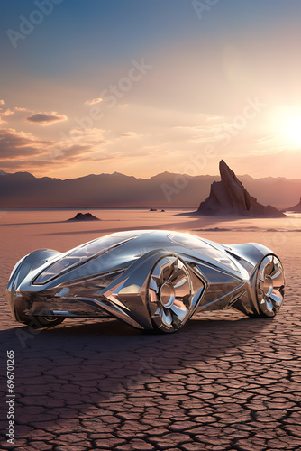 crystal car in the desert, realistic photo, wallpapper