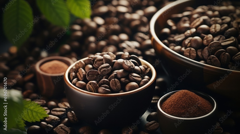 Cinematic photo, top shot, coffee beans with a coffee plant and coffee specialties, Cinematic photo, top shot, coffee beans with a coffee plant and coffee specialties,