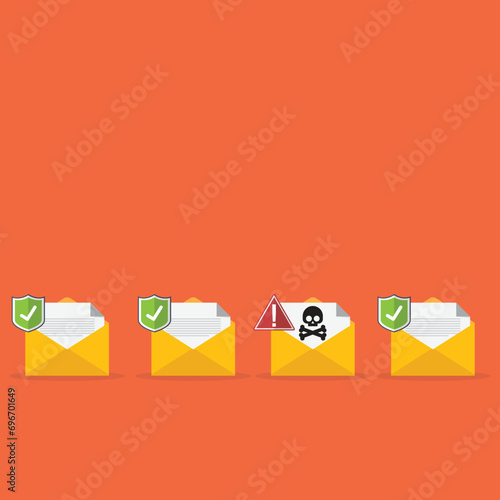 Envelope document and skull icon. Virus, malware. Vector illustration
