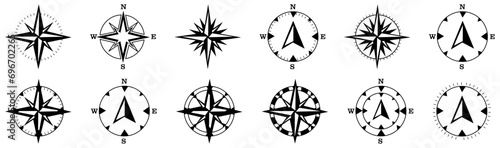 wind rose compass icons set. Vintage marine wind rose, nautical chart. Monochrome navigational compass with cardinal directions of North, East, South, West. Geographical position, cartography and navi photo