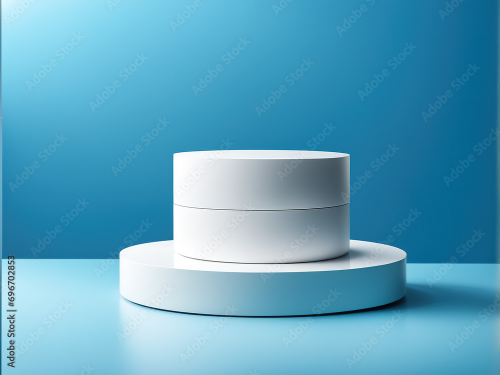 Round cylinder platform podium for product or cosmetics presentation on blue background