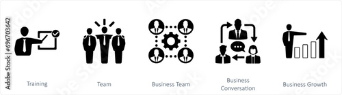 A set of 5 mix icons as training, team, business team