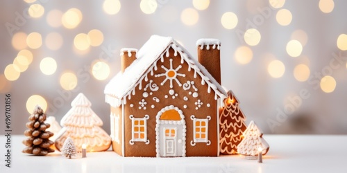 Delicious neon gingerbread house on a white table, in the style of caninecore, warm luxurious light, hand made details, light-focused, detailed backgrounds,  photo