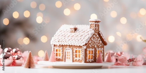 Delicious neon gingerbread house on a white table, in the style of caninecore, warm luxurious light, hand made details, light-focused, detailed backgrounds,  photo
