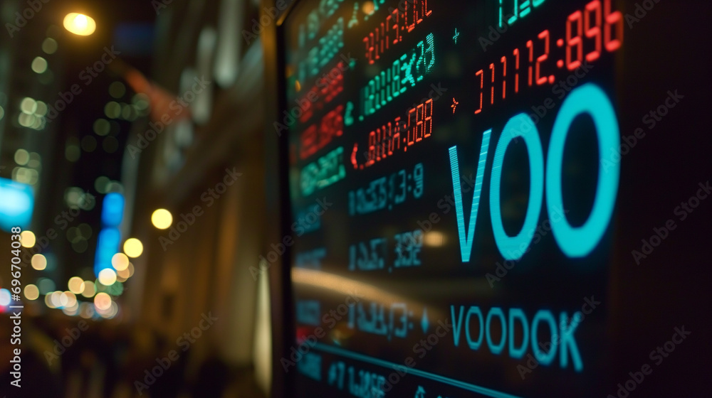 A financial photo displaying a stock market ticker with the text 