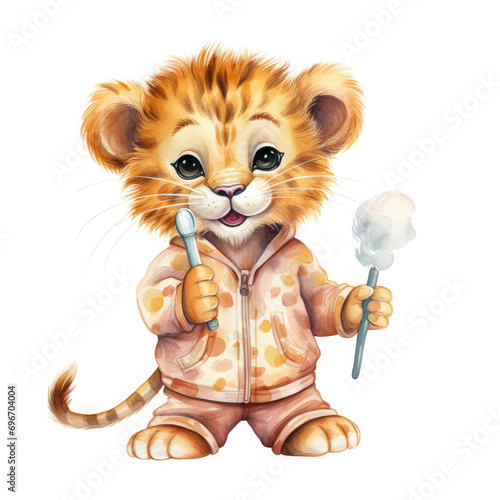 Baby lion bedtime wearing pajama and holding tooth brush Illustration  Generative Ai