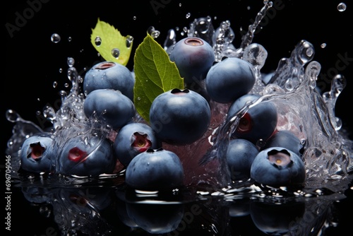 A handful of fresh ripe blueberries with green leaves in water splash. Isolated on black background.