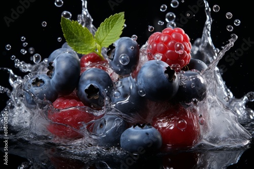 A handful of fresh ripe blueberries and raspberries with green leaves in water splash. Isolated on black background.