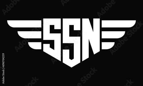 SSN three letter logo, creative wings shape logo design vector template. letter mark, wordmark, monogram symbol on black & white.	 photo