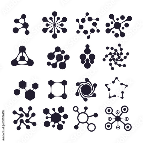 Set of silhouette Connected molecules. Molecule connection model, chemistry particle and color molecular structure. Biology connecting logos, dna connect diagram icon, vector illustration.