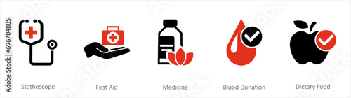 A set of 5 mix icons as stethoscope, first aid, medicine