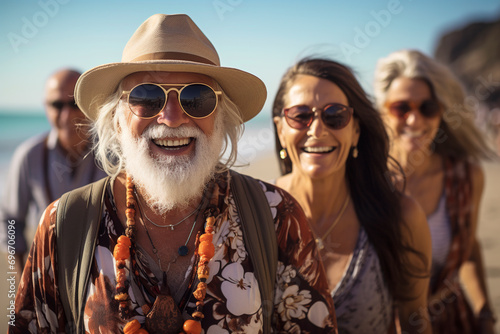 A group of very happy middle-aged people strolling along the sea beach on a very sunny day.