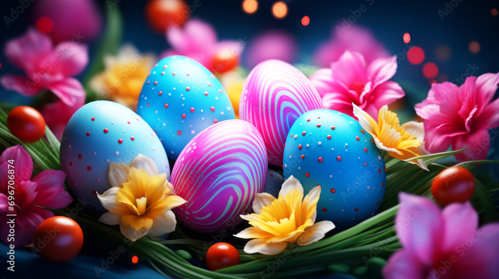 Colorful easter eggs with flowers background. Celebration of religious holidays and Happy Easter background concept.
Colorful easter eggs with flowers background. Celebration of religious holidays and Happy Easter background concept.