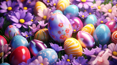Colorful easter eggs with flowers background. Celebration of religious holidays and Happy Easter background concept.
 photo