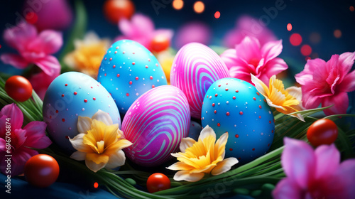 Colorful easter eggs with flowers background. Celebration of religious holidays and Happy Easter background concept. 
