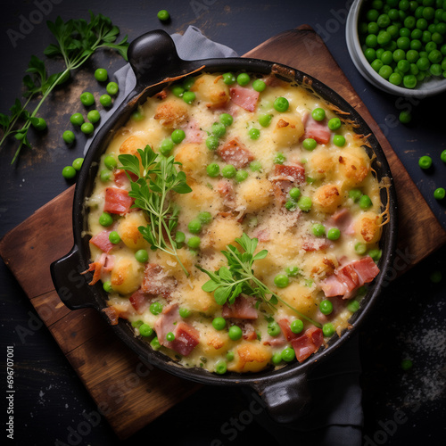 Gnocchi Gratin with Ham and Peas, topview, table top, food photography, real photo