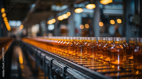 professional photograph of beer bottles on a long conveyor belt,