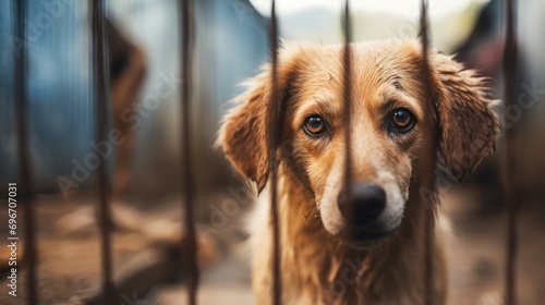  A homeless, abandoned dog looks sadly from behind the rusty grid of an animal shelter cage, emphasizing the plight of sheltered animals.
