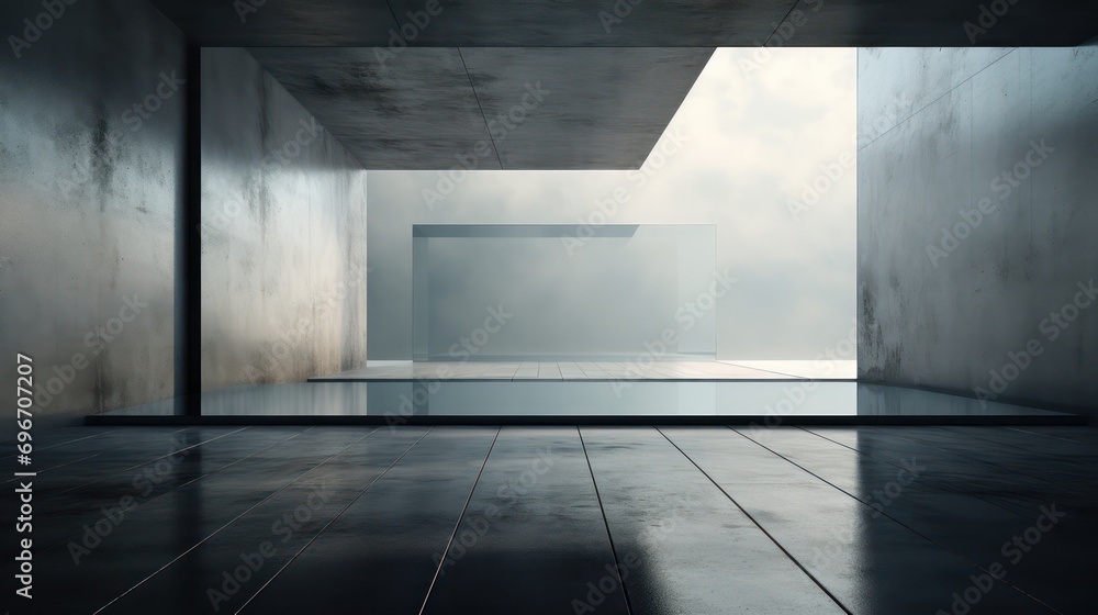 Futuristic minimalistic interior with concrete and glass. Generative AI