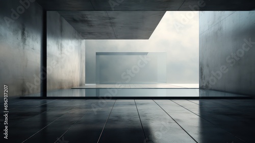 Futuristic minimalistic interior with concrete and glass. Generative AI