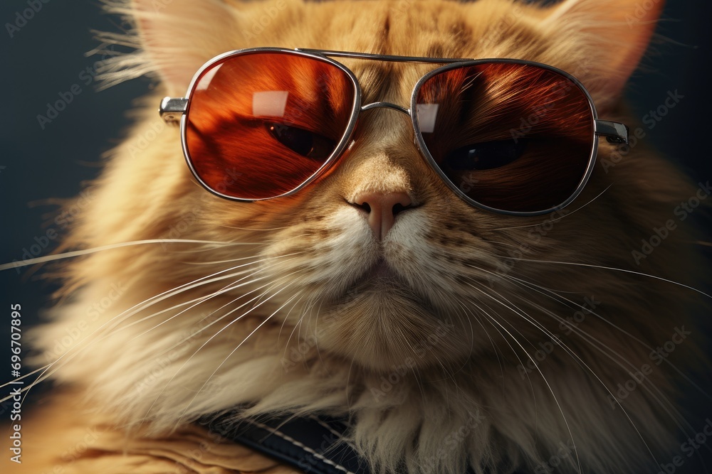 Close up of red cat wearing sunglasses on the street, shallow depth of field, Close-up portrait of a ginger cat wearing sunglasses, AI Generated
