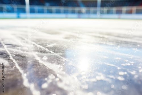 Ice on the ice of a hockey field. Blur background, Close-up of ice in a hockey rink, AI Generated photo