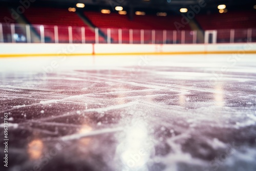 Ice hockey rink background. Blurred ice hockey rink with ice skates, Close-up of ice in a hockey rink, AI Generated photo